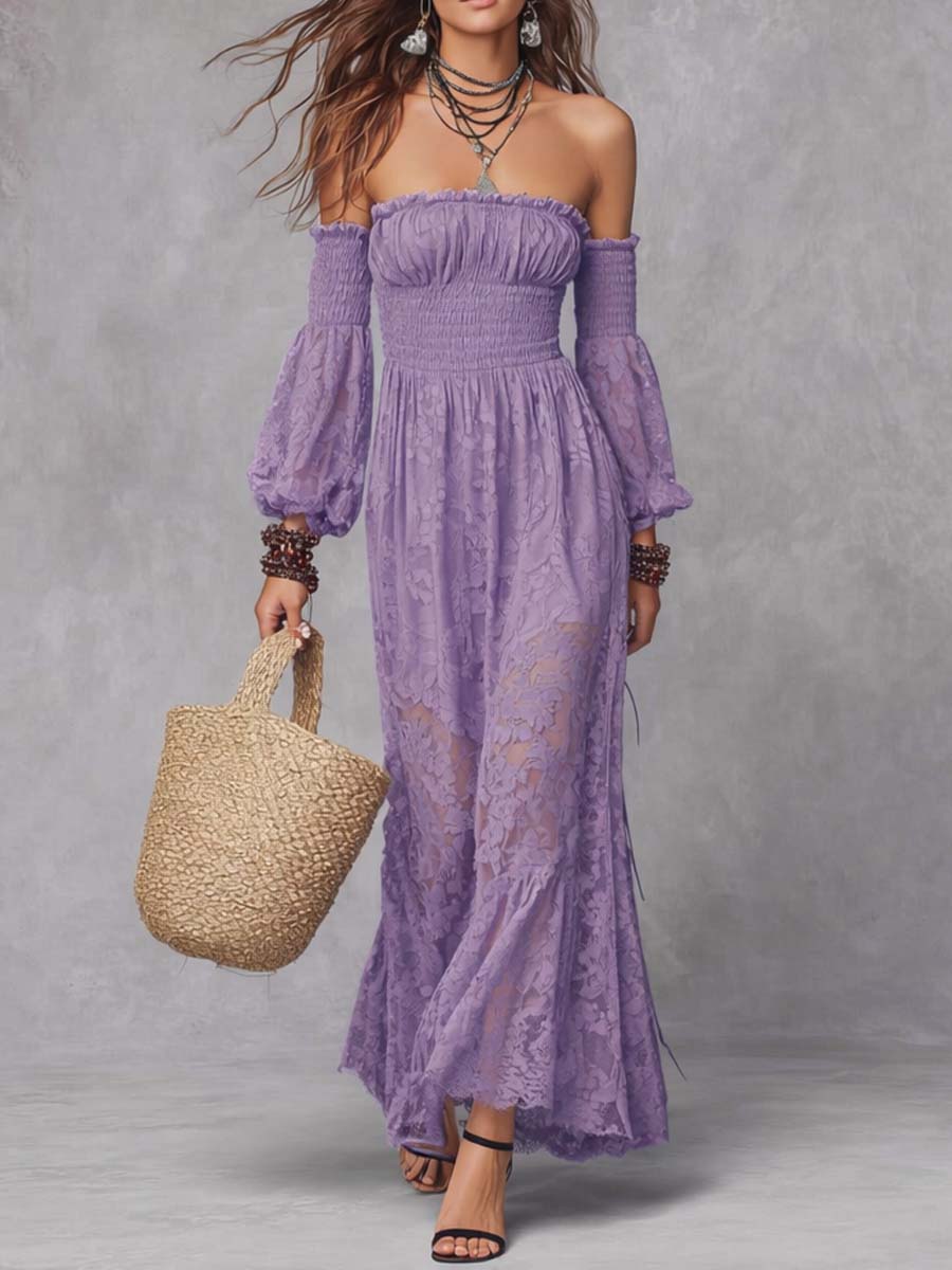 Black Smocked Off-Shoulder Lace Maxi Dress