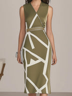 Olive Green Satin Dress With White Geometric Print And Gold Belt