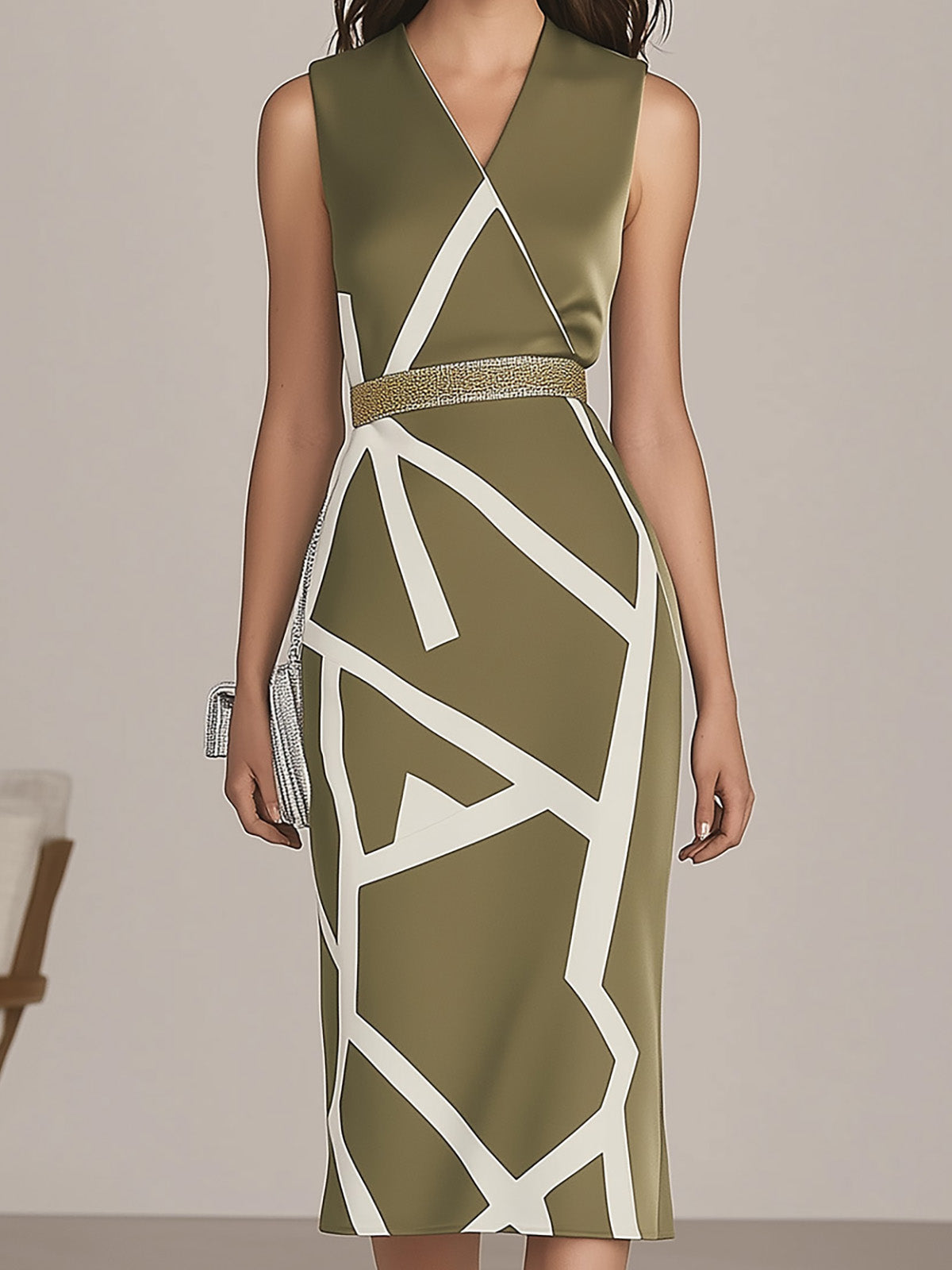 Olive Green Satin Dress With White Geometric Print And Gold Belt