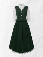 Midi Cotton Skirt (Shirt and Vest Not Included), Plain, Pocket Design, Vintage, Green