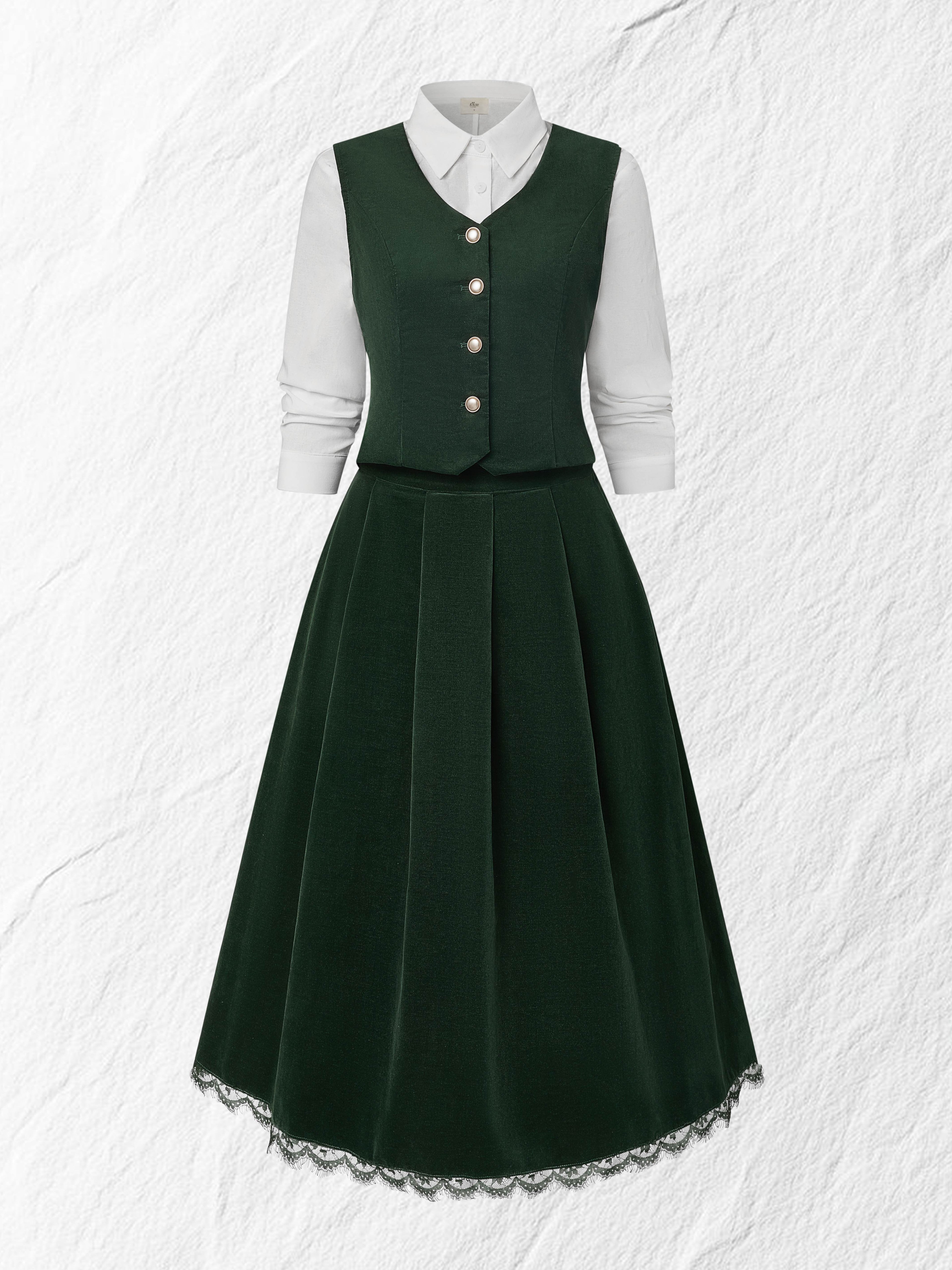 Midi Cotton Skirt (Shirt and Vest Not Included), Plain, Pocket Design, Vintage, Green