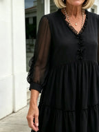 Black French Retro Tiered Midi Dress, Ruffle V-Neck Sheer 3/4 Sleeve Loose Pleated Chiffon Dress for Mature Women