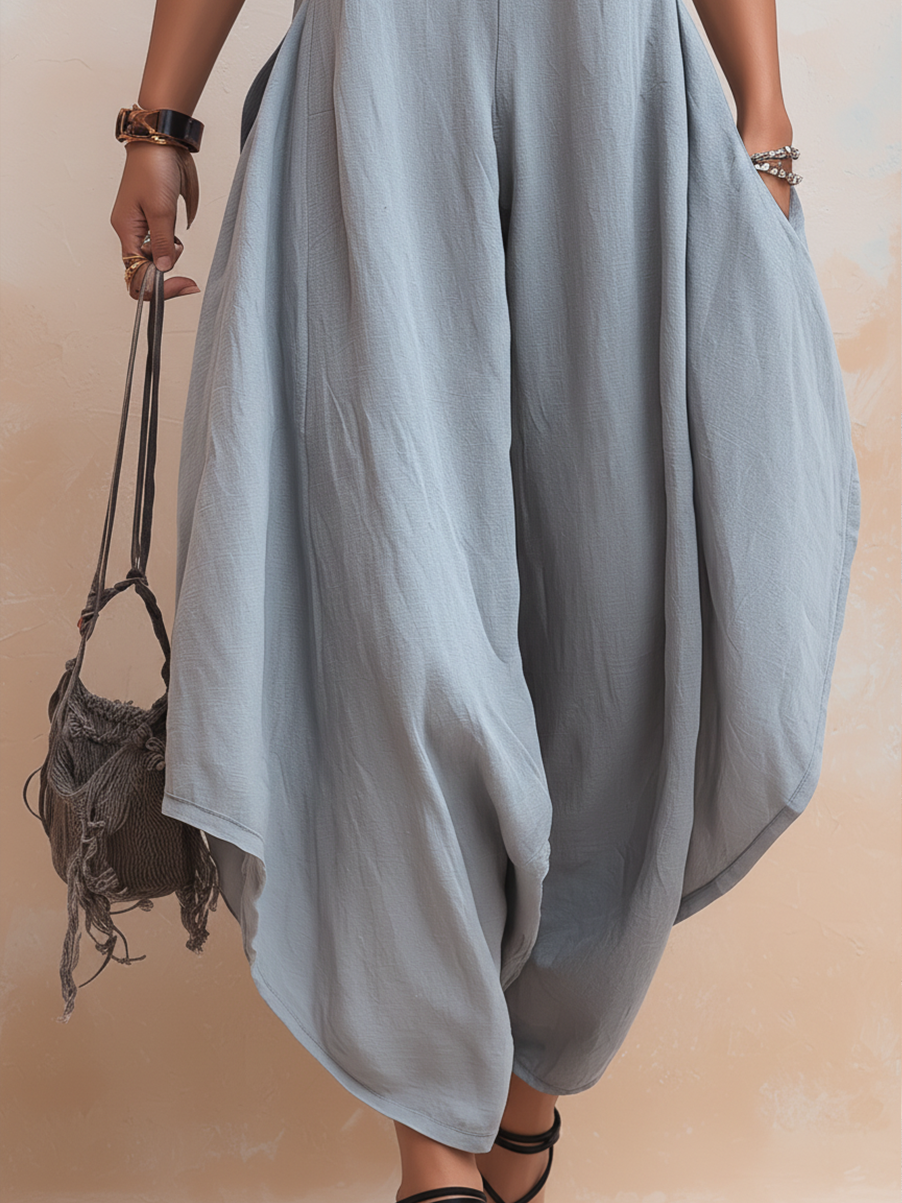 Grey Tie-Shoulder Oversized Harem Linen Jumpsuit