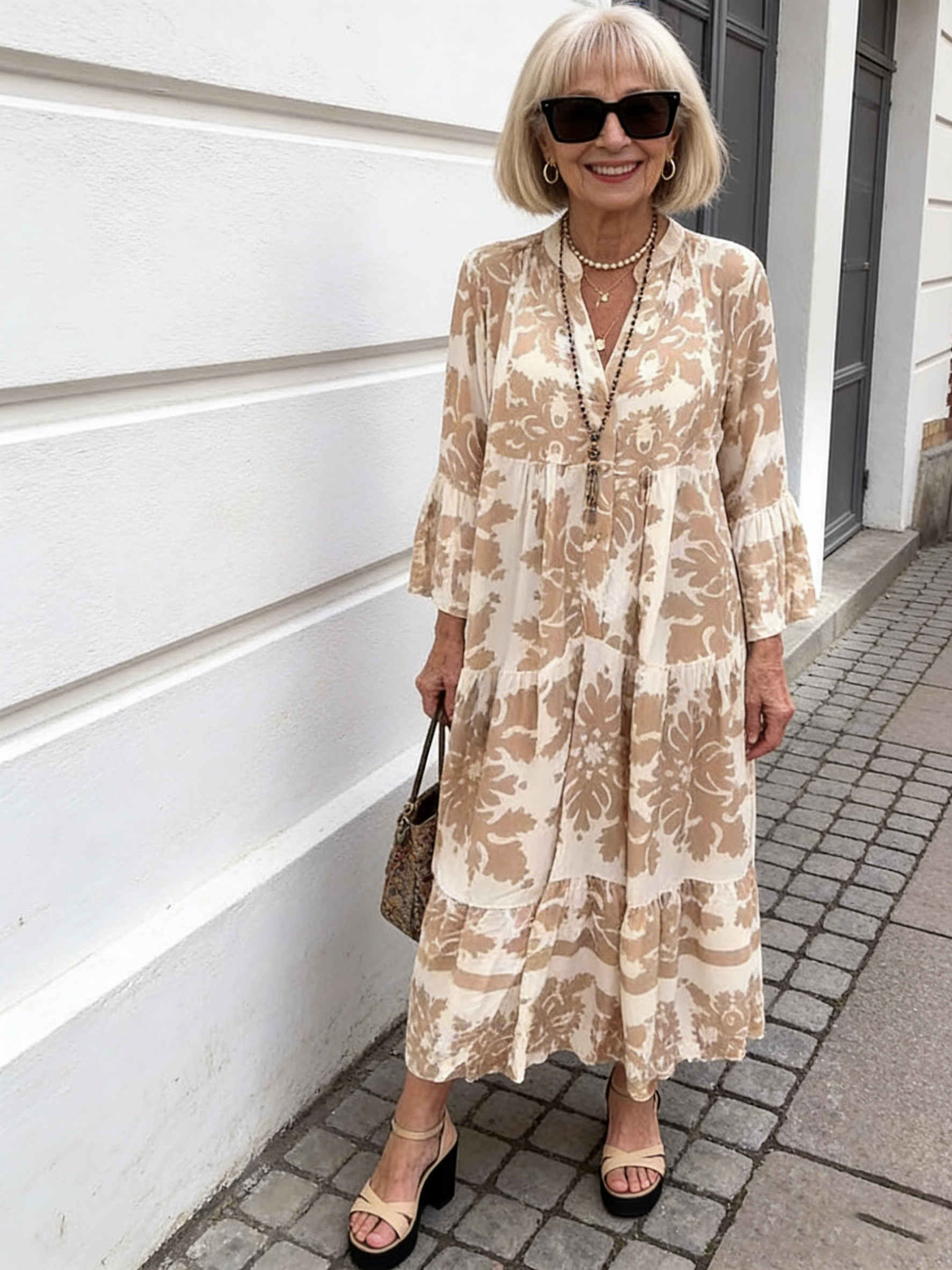 Stand-up Collar Flared Sleeves Printed Casual Dress