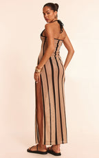Stone Stripe Crochet Halter Tie Maxi Beach Dress