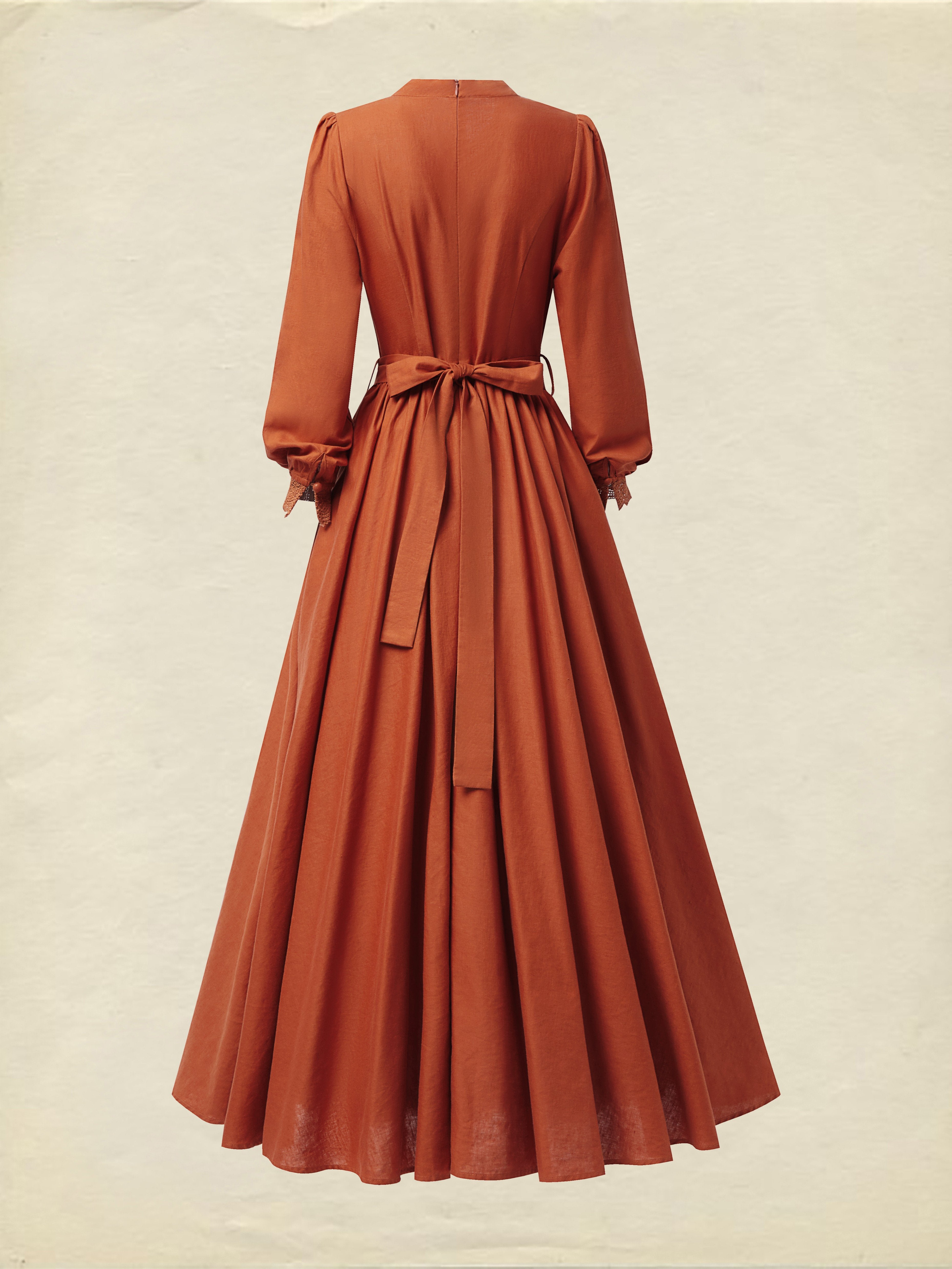Maxi Linen Dress, Long Sleeves, Stand Collar, Shirt Dress, Linen Blend, Orange