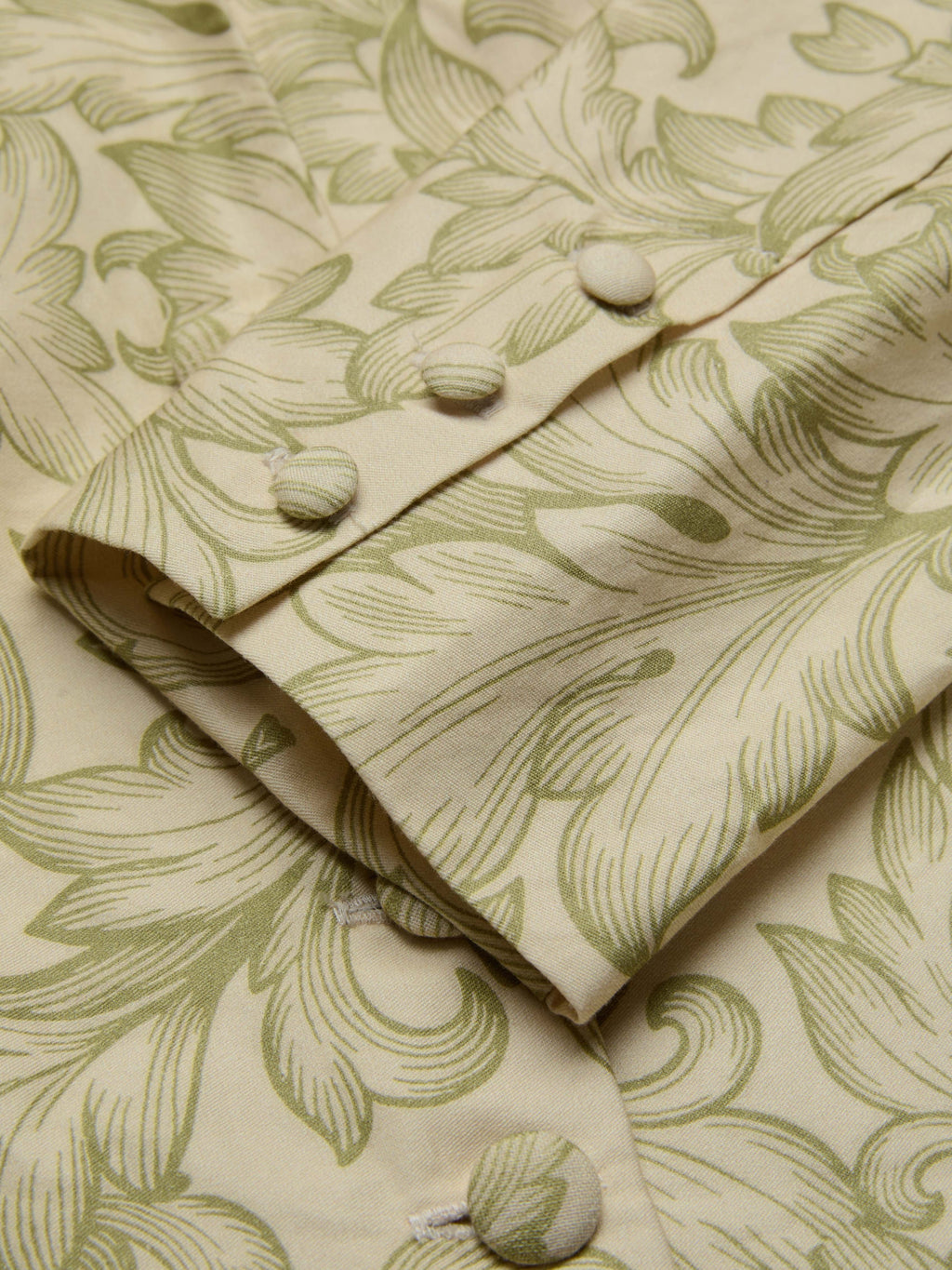 Midi Cotton Skirt Set, Long Sleeves, V Neck, Leaf, Plants, Button Design, Vintage, Light Khaki