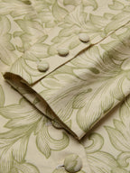 Midi Cotton Skirt Set, Long Sleeves, V Neck, Leaf, Plants, Button Design, Vintage, Light Khaki
