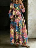 Women's Retro Multicolor Floral Splicing Long-sleeved Loose-fitting Casual Denim Dress