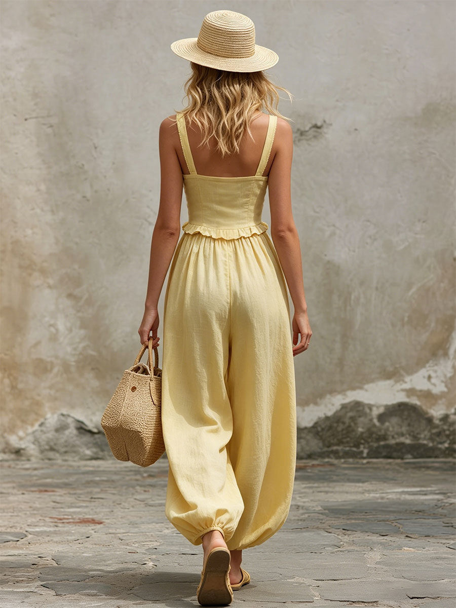 Casual Retro Yellow Sleeveless Ruffled Cotton-linen Top And Wide-leg Pants Set