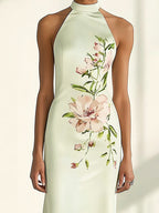 Mint Green Satin Halter Neck Dress with Side Floral Print