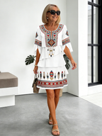 Chiffon Vacation Prints Color Round Neck Cake Skirt Splicing Dress Mid-length
