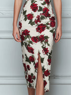 Deep V-Neck Floral Print Tailored Sheath Midi Dress