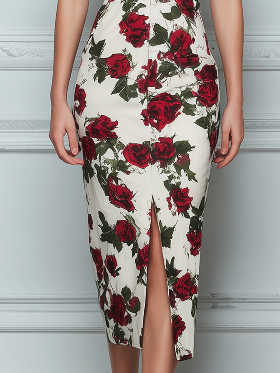 Deep V-Neck Floral Print Tailored Sheath Midi Dress