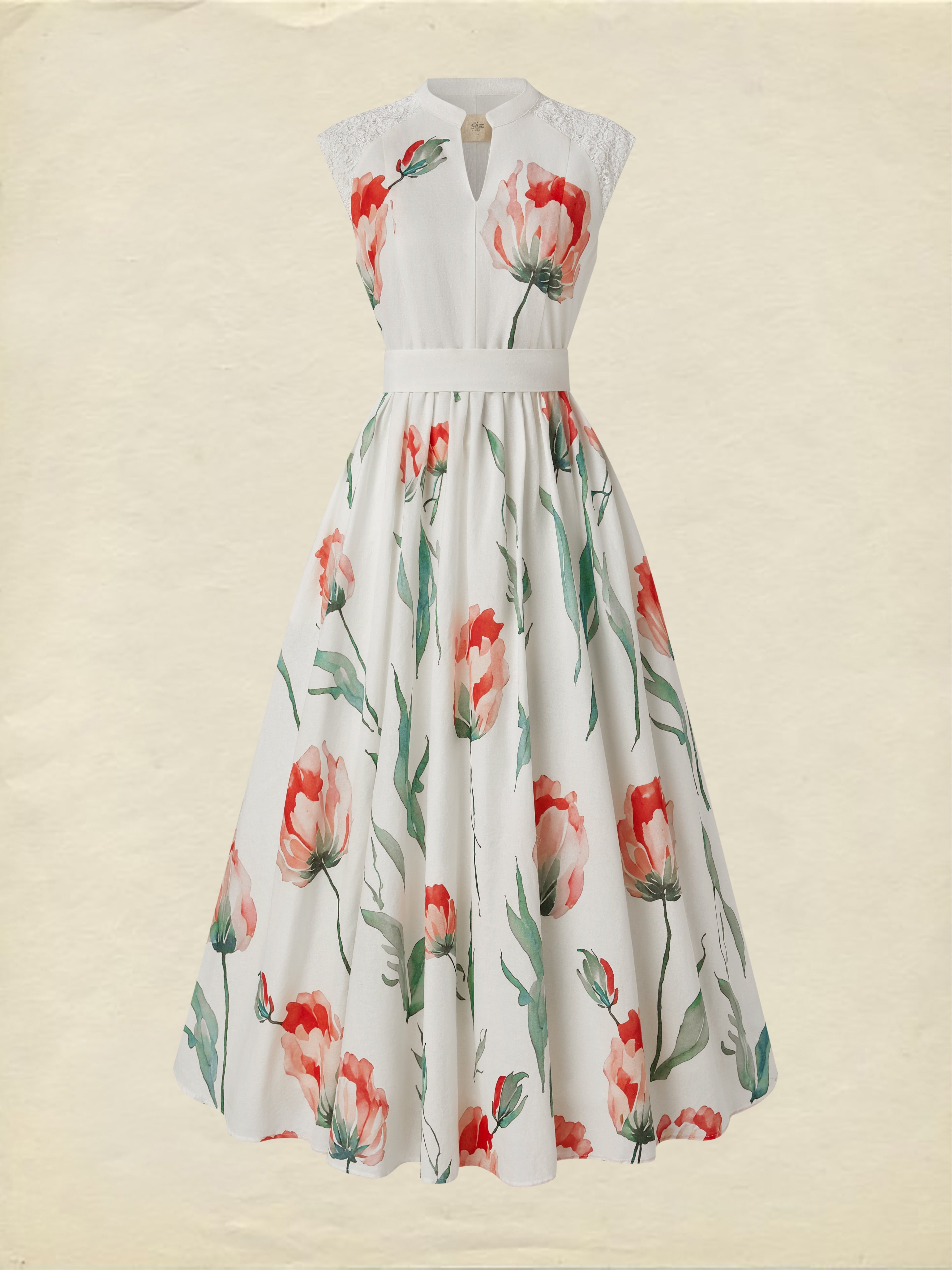 Maxi Linen Dress , Sleeveless, V Neck, Floral, Lace, Vacation, Vintage, Coral