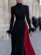 Black And Red Pleated Gown With Feather Cuff Details