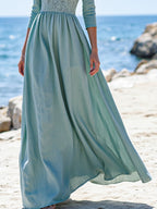 Maxi Linen Dress, Half Sleeve, V Neck, Plain, Lace, Vintage, Cyan