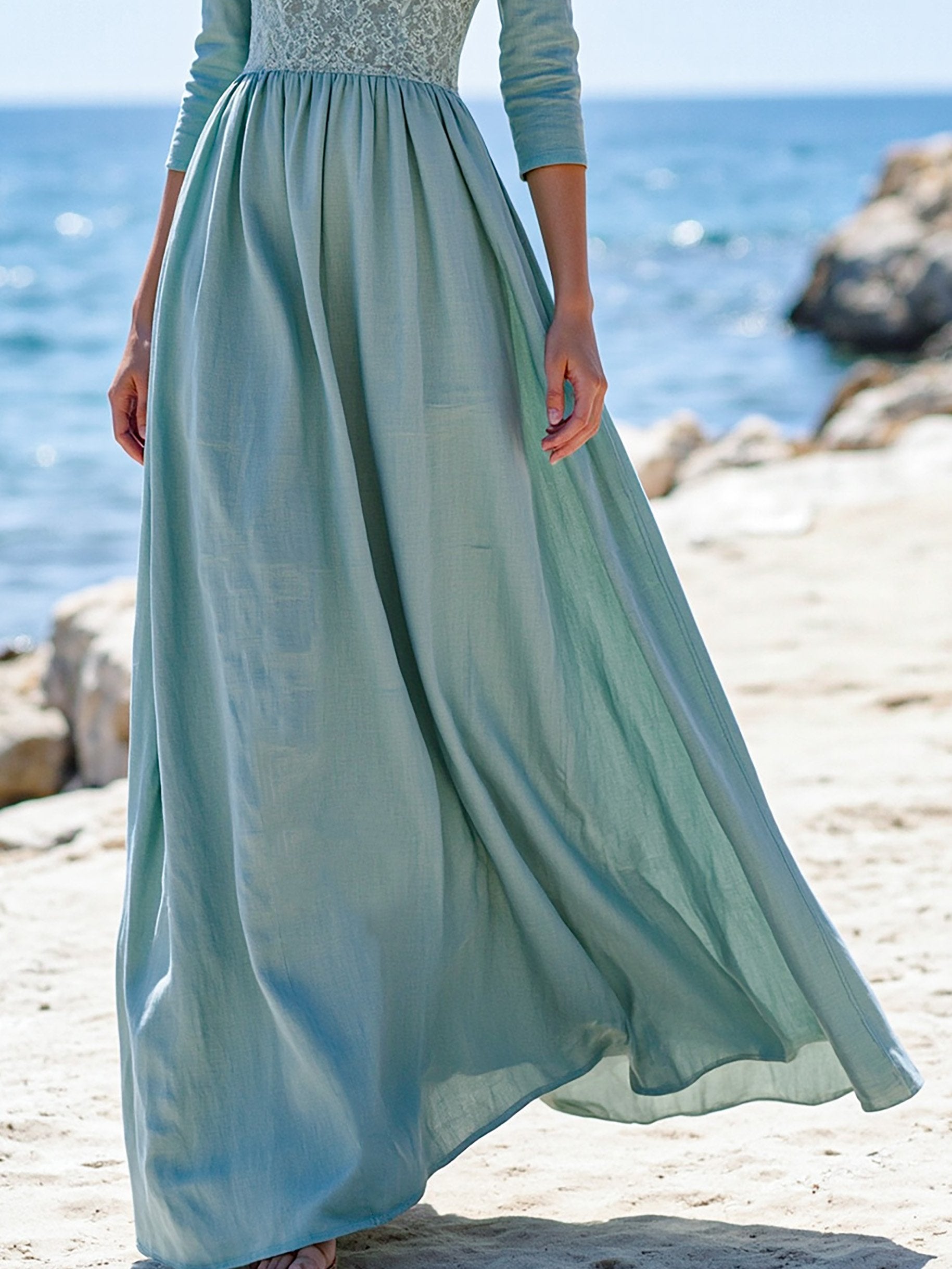 Maxi Linen Dress, Half Sleeve, V Neck, Plain, Lace, Vintage, Cyan