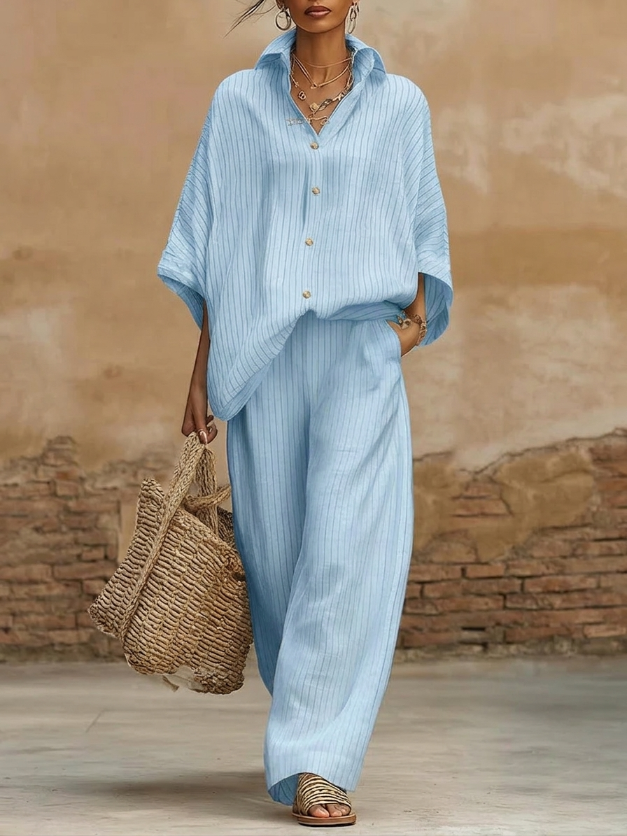 Elegant Classic Striped Shirt And Wide-leg Pants Two-piece Set