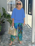 Casual Crew Neck Medium Sleeve Top Printed Floral Pants Set Two-piece Set