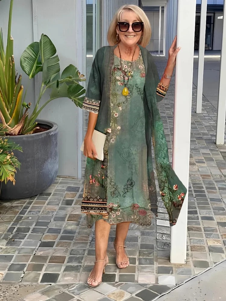 3/4 Sleeve Printing Coat & Dress Two-Piece Suit