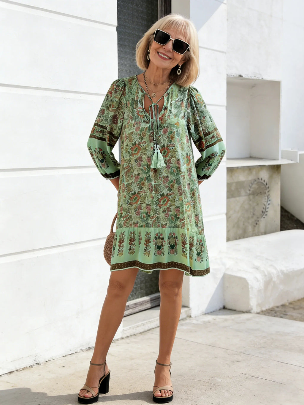 Vacation Dress Printed Shirt Casual Bohemian Vacation V-Neck Dress