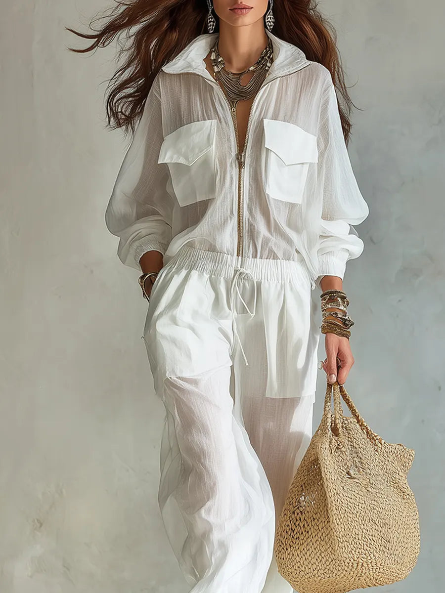 Casual Bohemian White Zip Front Jumpsuit With Pocket