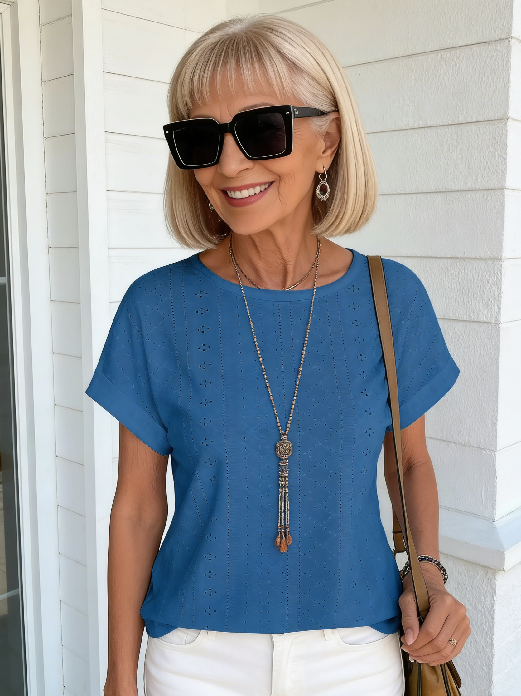 Textured Fabric Solid Color Crew Neck Loose Short Sleeve T-Shirt Top Women