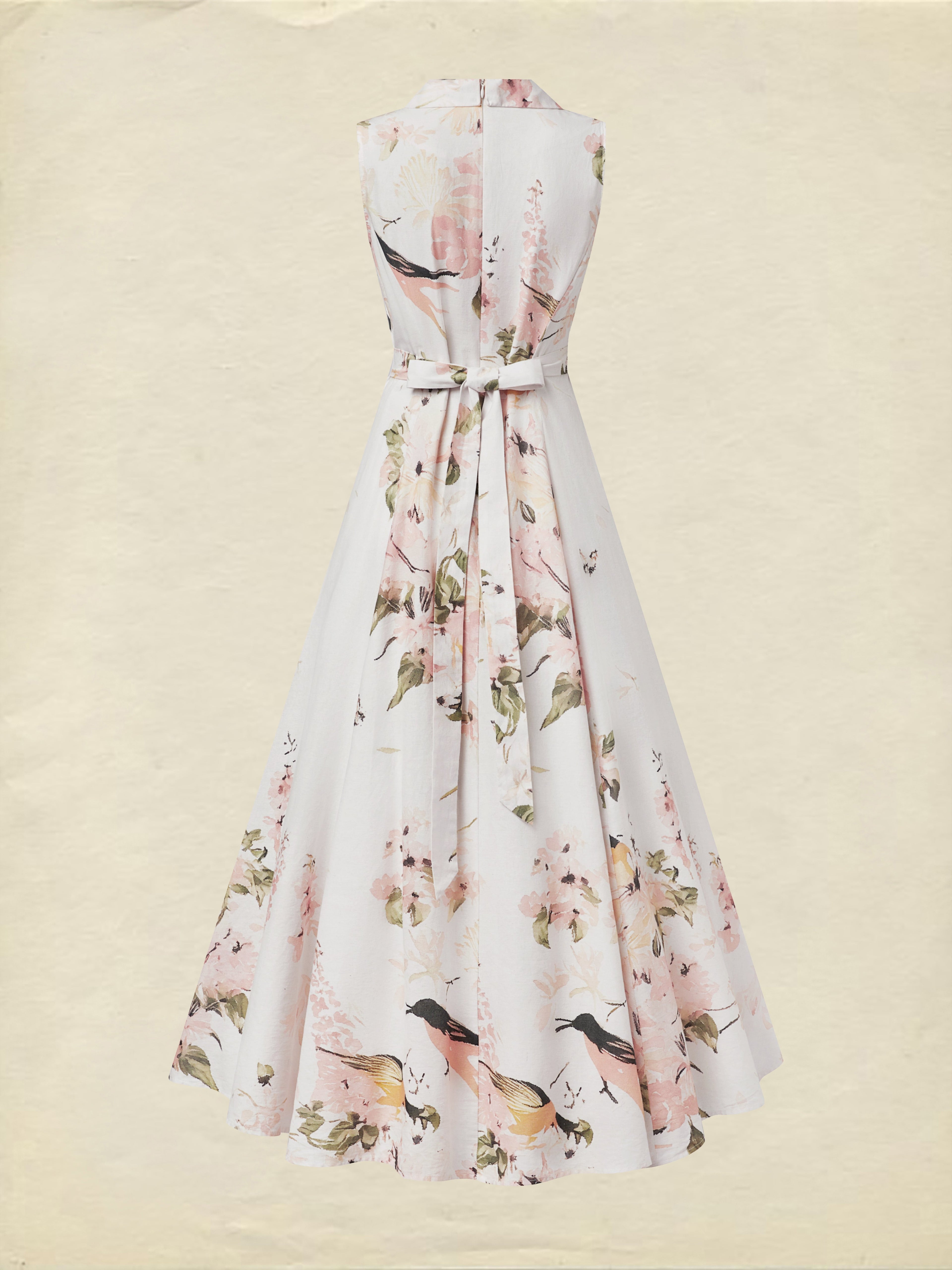 Maxi Linen Dress, Shawl Collar, Button Down, Cottagecore, Sleeveless, Linen Blend, White, plant print