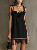 Black Floral Appliqué Mini Dress With Fringe Hem