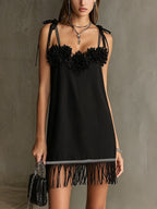Black Floral Appliqué Mini Dress With Fringe Hem