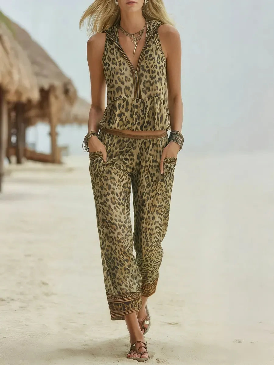 Women's Retro Leopard Art Print Hooded Casual Top And Pants Suits