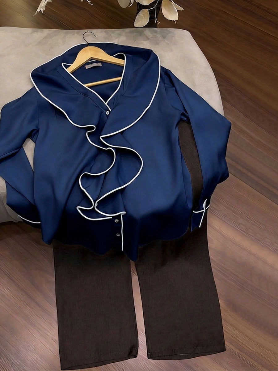 Women's V-neck Long-sleeve Loose-fit Top & Elastic-waist Wide-leg Pants Set