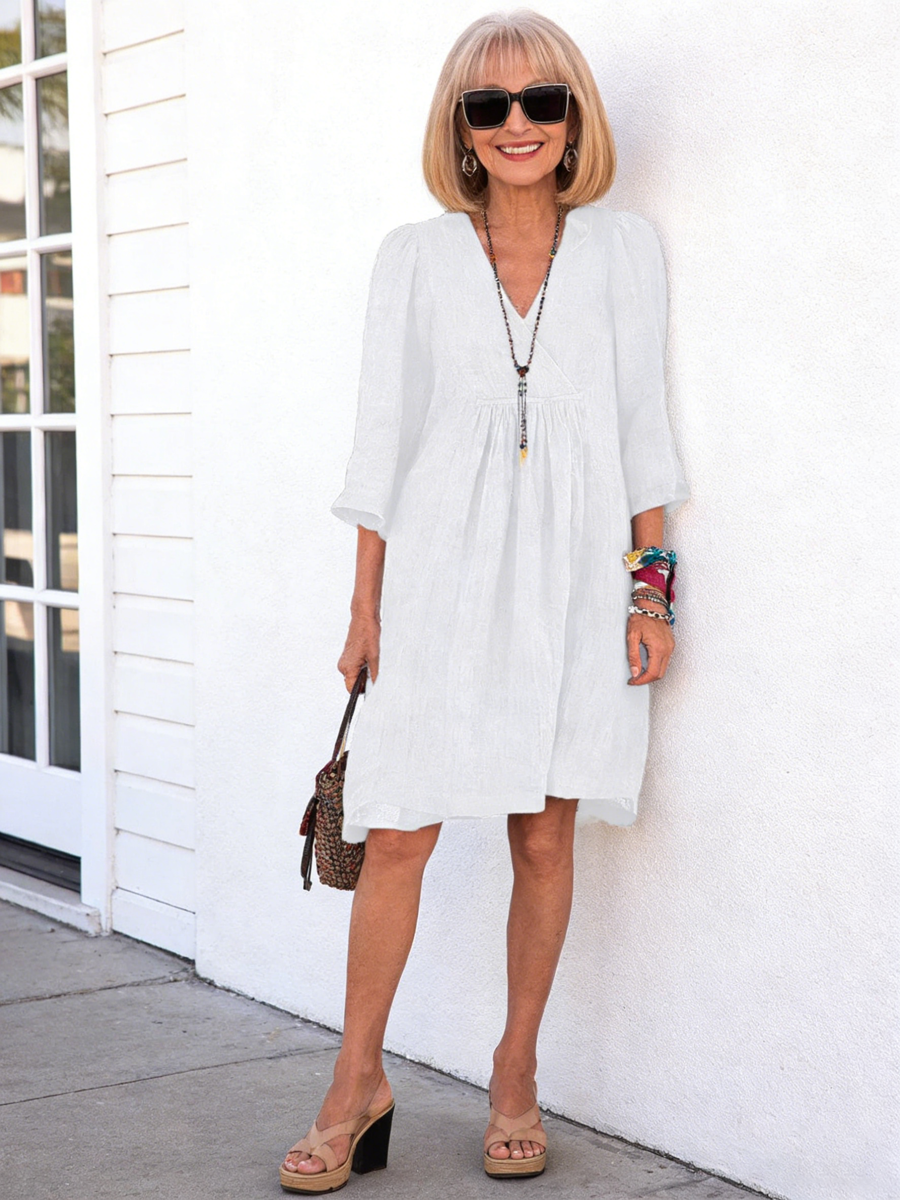 Women's Cotton and Linen Half Sleeve V-neck Loose Casual Pocket Dress
