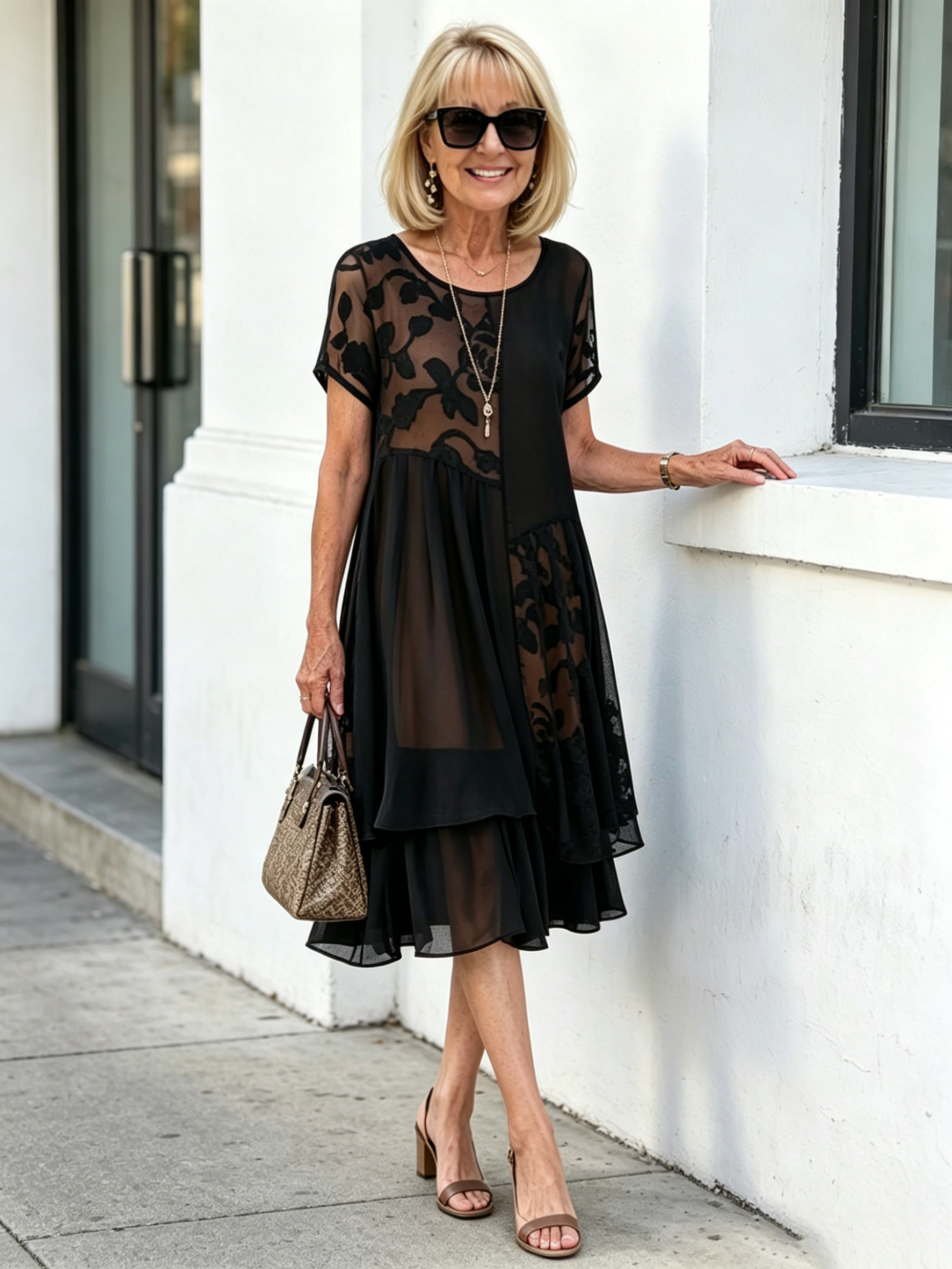 Black Floral Lace Patchwork Chiffon Midi Dress, Crew Neck Short Sleeve Loose Plus Size High-End Mother Dress