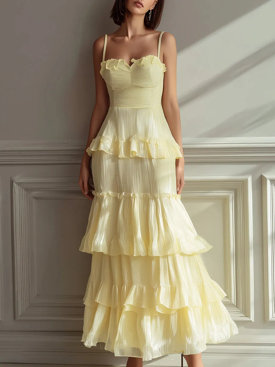 Lemon Yellow Ruffled Tiered Chiffon Cami Maxi Dress