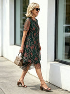 Dark Green Floral Print Mesh Midi Dress, Tie Neck Short Sleeve Loose Tummy Concealing Elegant Dress for Mature Women