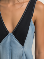 Two-Tone Denim V-Neck Wide-Leg Jumpsuit With Pockets