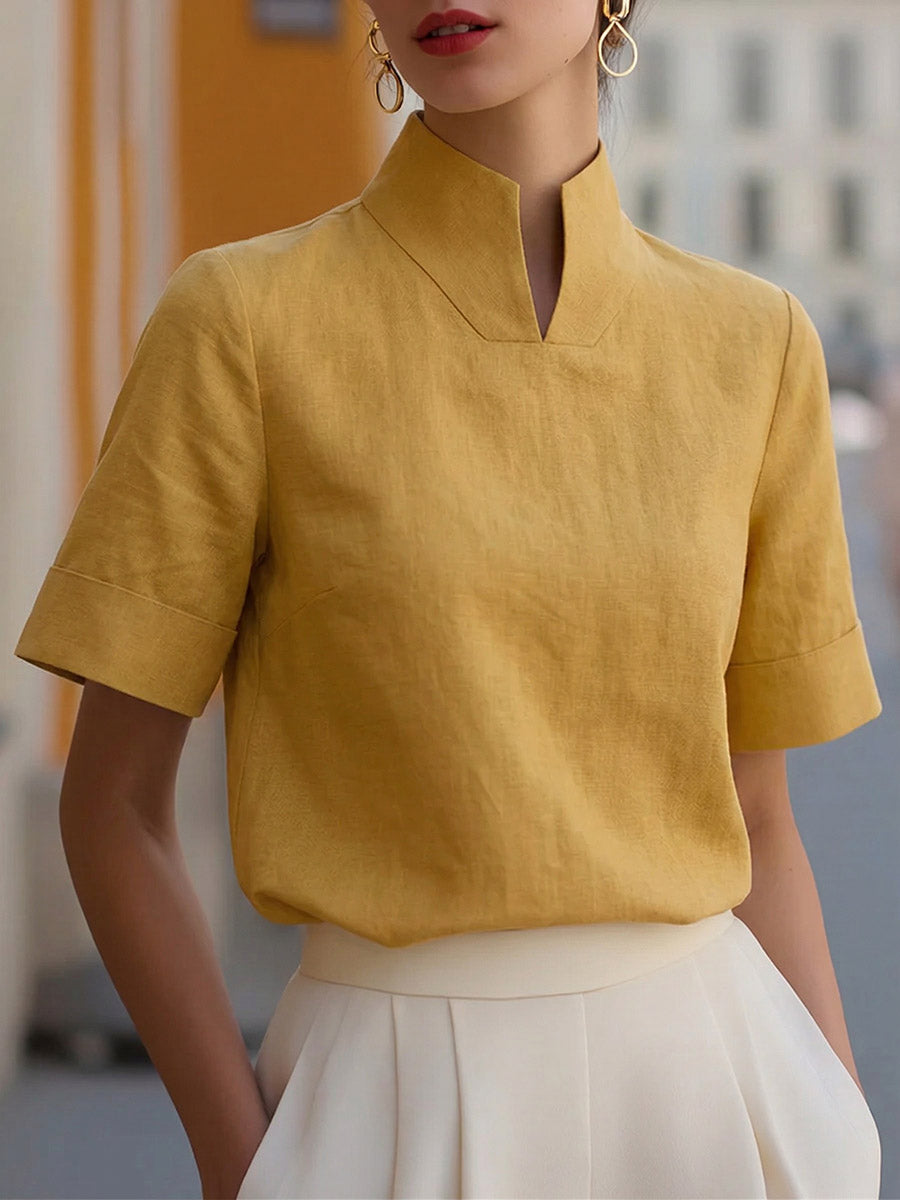 Women's Solid-color Stand-collar Short-sleeve Loose-fit Casual Linen Top