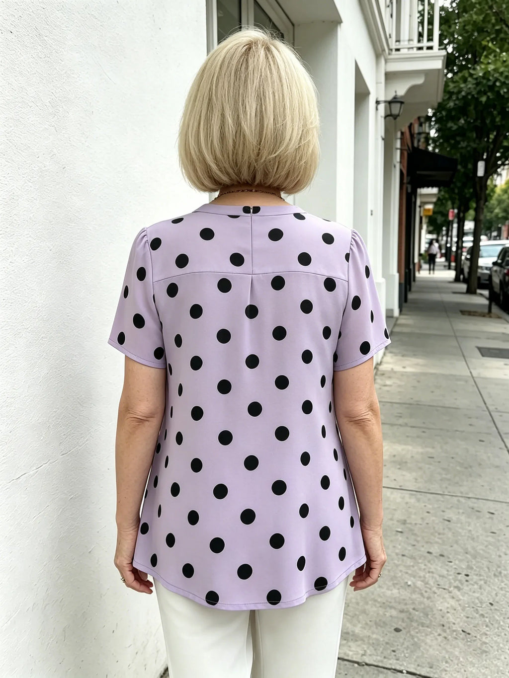 Yellow Polka Dot Chiffon Blouse, V Neck Front Tie Short Sleeve Loose Tummy Concealing Shirt for Mature Women