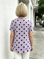 Yellow Polka Dot Chiffon Blouse, V Neck Front Tie Short Sleeve Loose Tummy Concealing Shirt for Mature Women