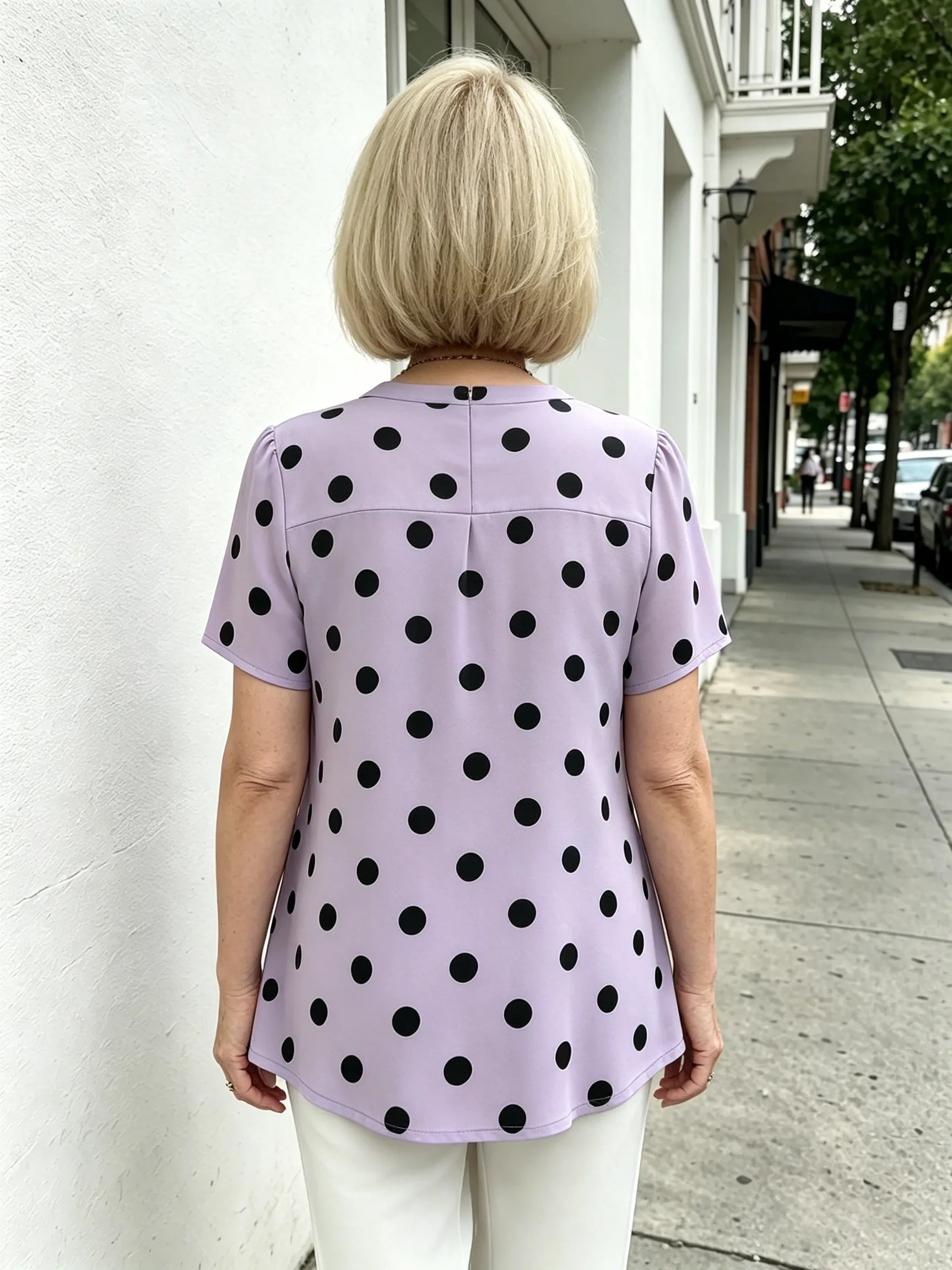 Yellow Polka Dot Chiffon Blouse, V Neck Front Tie Short Sleeve Loose Tummy Concealing Shirt for Mature Women