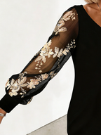 V-neck Long-sleeved Printed Lace Stitching Dress