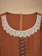 Maxi Cotton Dress, Long Sleeves, Square Neck,  Princess Line, Linen Blend, Orange