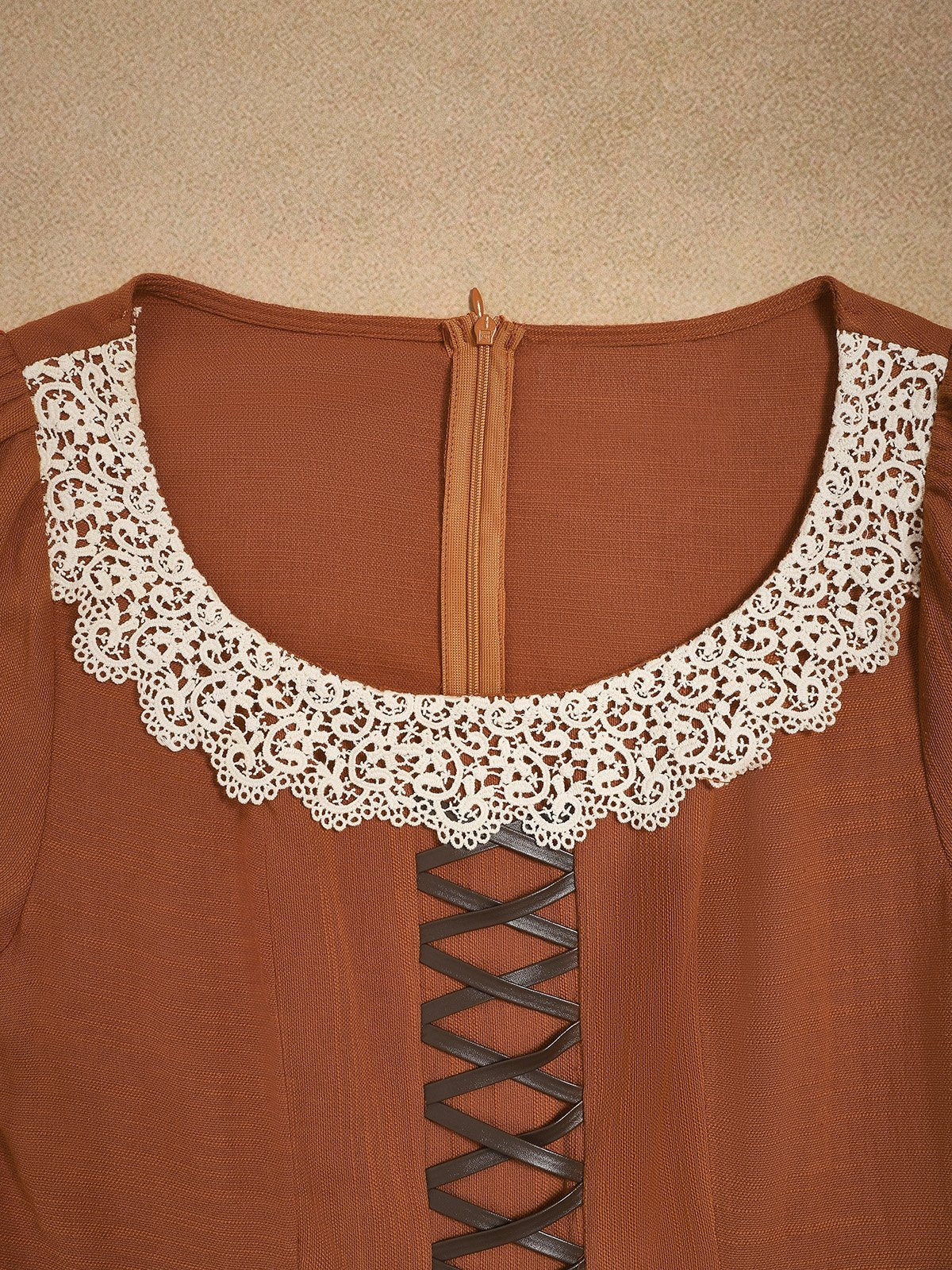 Maxi Cotton Dress, Long Sleeves, Square Neck,  Princess Line, Linen Blend, Orange