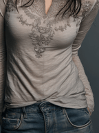 Bohemian Style Embroidered Gray Long-sleeved T-shirt