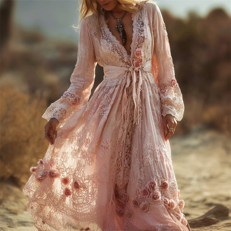 Boho Pink Roses Floral Lace Flowy Linen Maxi Dress