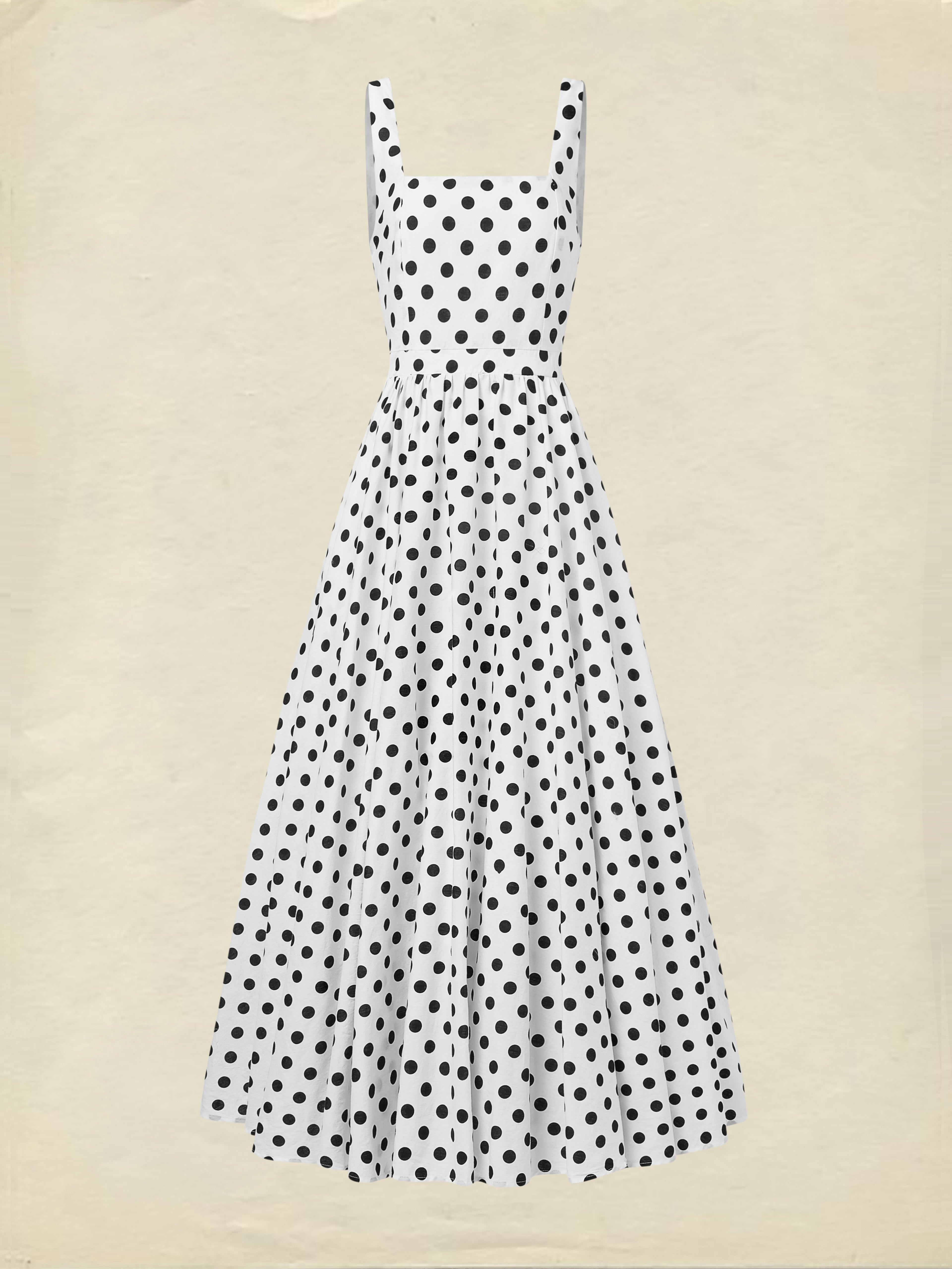 Maxi Cotton Dress , Sleeveless, Square Neck, Polka Dots, Suspenders, Vintage, White