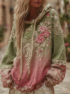 Love & Health Collection Classic Floral Embroidery Gradient Art Linen Long Sleeve Hoodie