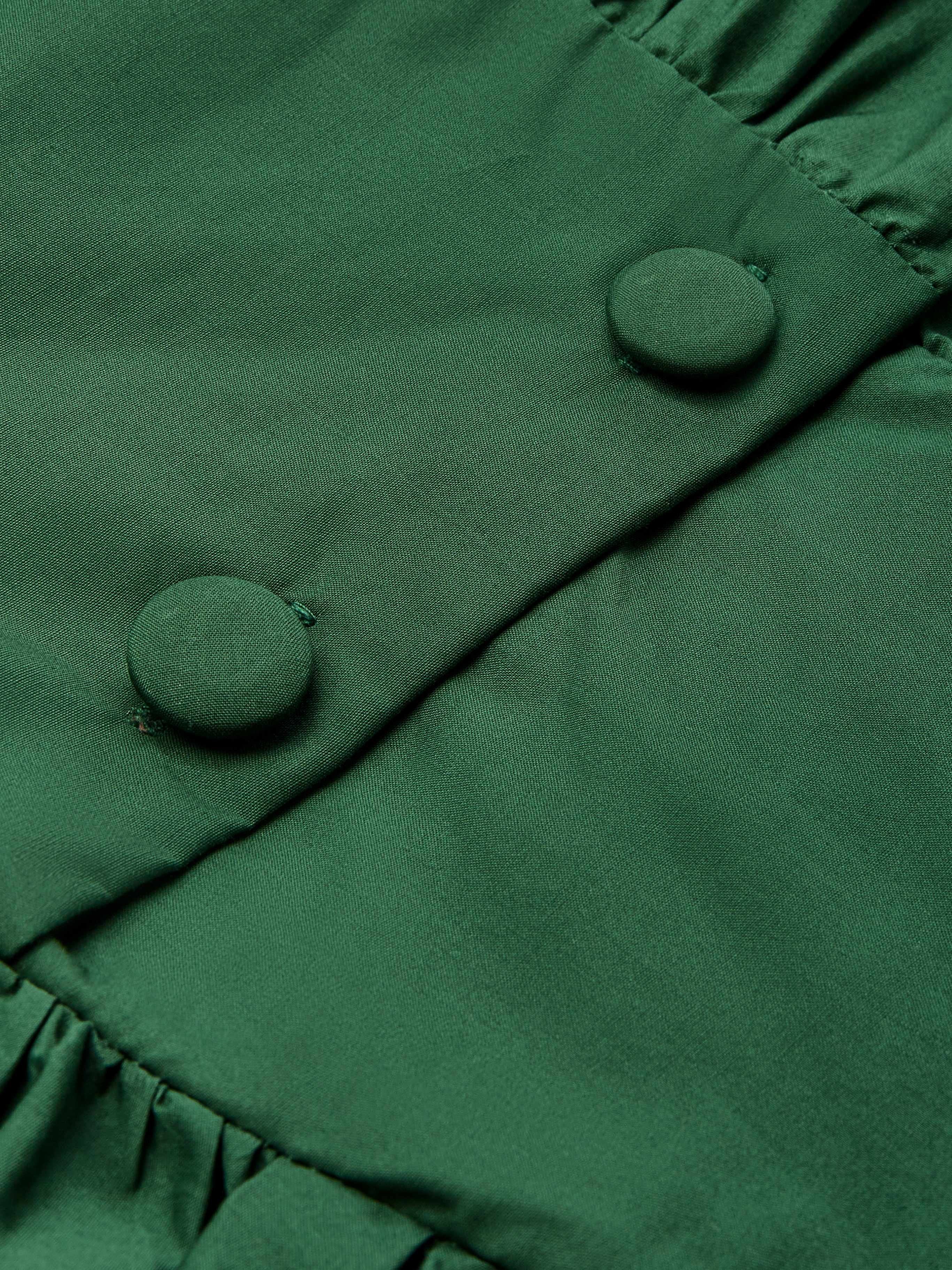 Cotton Maxi Dress, Balloon Sleeve, V neck, Plain, Vintage, Dark Green